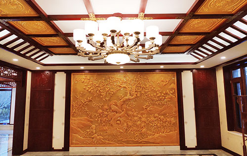 白鹭湖管理区中式别墅客厅中式木作横梁吊顶装饰展示